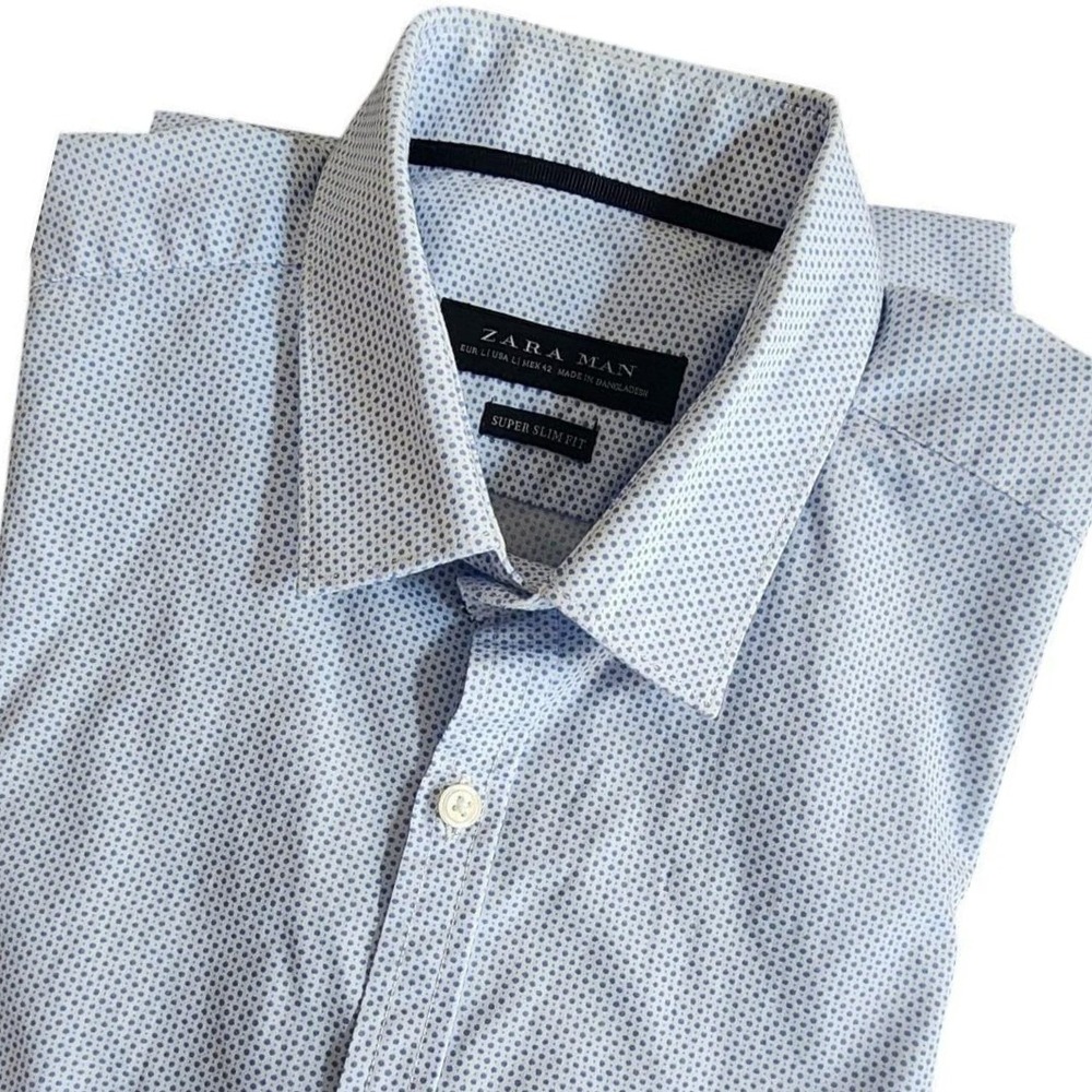 Zara Man Mens‎ Dress Shirt Long Sleeve Super Slim Fit Blue Patterned Size L